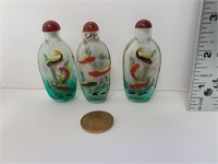 3 Asian Reverse Painted Snuff Glass Bottles
