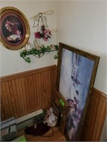 LOT HOME DECOR ITEMS- PICTURES- SHELF- MISC.