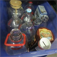 Blue tub w/ lid--milk bottles, jugs, asst tins