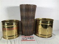 2 brass waste cans and wicker umbrella stand