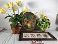 2 silk flower arrangements, round picture