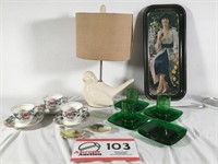 Lamp; teacup & saucers; Coke tray; green glass