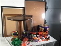 4 frames; side table; Halloween tin w/ decorations