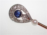 Antique Diamond Sapphire Pearl Stick Pin