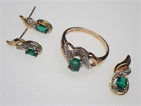 10K YG Diamond & Emerald Set Earrings Ring Pendant