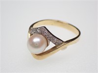 18K YG Pearl Diamond Ring Sz 6.5