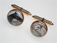 14K Antique Cuff Links Reverse Painted Inlaid