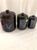 Set of 3 Canisters Brown with Roosters
