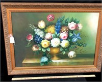 Framed Art Flowers on Green Table in Gold Vase