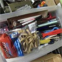 Plastic tote w/ pens, desk supplies