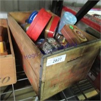 Red Rock Cola pop crate, assorted tins