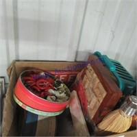 Box of misc--tins, small pictures, baskets, etc