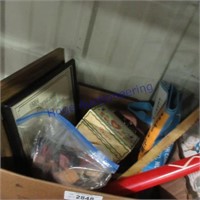 Box of misc--small pictures, stampers, baskets,etc