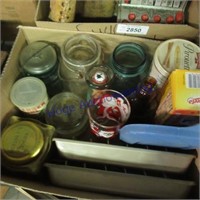 Box of misc--canning jars, tins, ice cube trays
