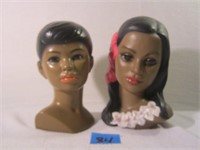Vintage Pair Girl & Boy Bust Heads Chalkware