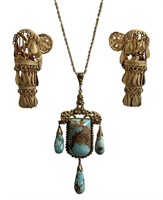 PR OF CHANDELIER EARRINGS & TURQUOISE NECKLACE ON
