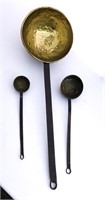 Three large copper in metal scoop spoons