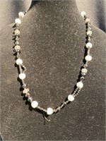 White and jet bead necklace. 12 inch drop