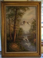Framed oil on canvas landscape scene of mountains