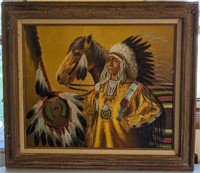 Framed painting on canvas of native American