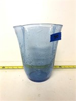 Blue Hand-Blown Pinch top vase, 8" tall