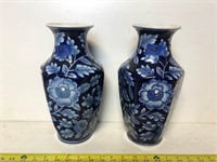 Set of Two Blue and White Floral Ceramic Vases 10"