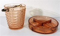 Pink Depression Glass Divided Dish & Ice Bucket