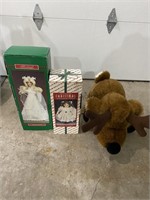 2 Christmas Dolls and Stuffed Christmas Moose