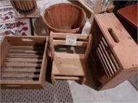 2 Wooden Crates, Bushel Basket, Wooden Seat
