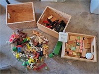 Large Group of Toys with 3 Wooden Boxes