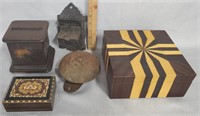 Lot of Inlaid & Painted Boxes, Matchsafe & Bell