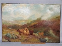 Antique Mountain Landscape w/ Yaks Oil Painting