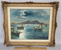 Signed Moon Lit Italian Nautical Oil Painting