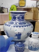 Blue and white Asian vase with musician's