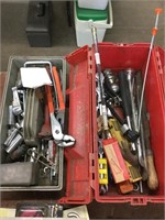 Plastic toolbox full of miscellaneous tools etc.