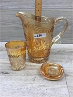 CARNIVAL GLASS PITCHER/ CUP AND ASHTRAY