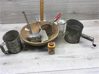 WOOD BOWL AND METAL SIFTERS/ MISC UTENSILS