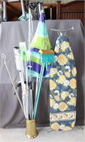 Lot - Ironing Board, Curtain Rods, Umbrella