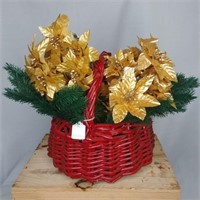 Red Basket Evergreen Picks Gold Poinsettia