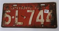 Single Ontario 1937 Licence Plate ( 5L744)
