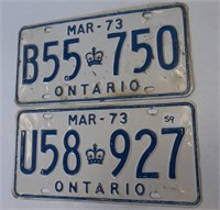 2 Single Ont. 1973 Licence Plates(B55750 & U58927)