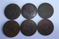 6 Great Britain One Penny Coins