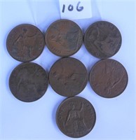 7 Great Britain One Penny Coins