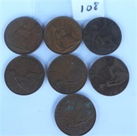 7 Great Britain One Penny Coins