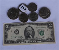United States $2 Bill 1976 and Coins