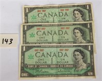 3 Canadian  Centennial 1967 One Dollar Bills