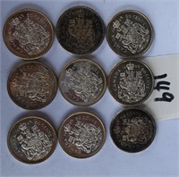 9 Canadian Silver 1965 Fifty Cents Coins