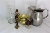 Metal Pitcher, Etched Decanter, Spittoon & others