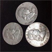 (3) 90% Silver Ben Franklin Half Dollars