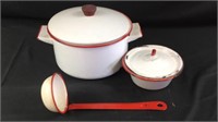 Vintage enamel cooking pot with ladle and bowl